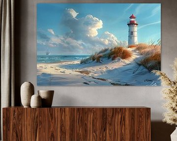 Red lighthouse on a serene coastal beach with dunes by Felix Brönnimann