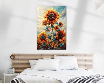 Bunte Geometrische Sonnenblumen mit Abstraktem Hintergrund von Felix Brönnimann