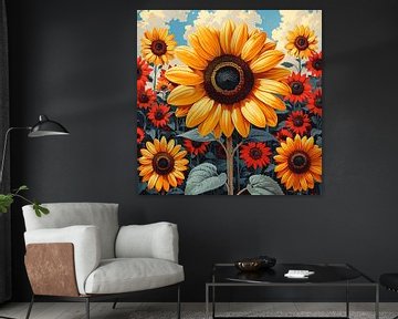 Pop Art Gestileerde zonnebloemen met levendige kleuren van Felix Brönnimann