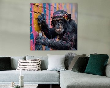 Rebelse aap met spuitverf op een kleurrijke stadsmuur van Felix Brönnimann