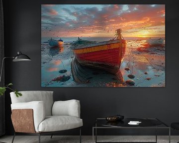 Traditionele vissersboten bij zonsondergang aan zee van Poster Art Shop