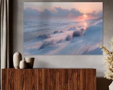 Serene Winter Sunset Over North Sea and Snowy Dunes by Felix Brönnimann