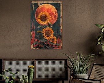 Retro Stilisierte Sonnenblumen vor Mond Illustration von Felix Brönnimann