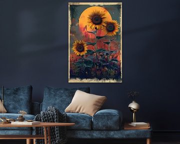 Retro stijl zonnebloemen bij zonsondergang Illustratie van Felix Brönnimann