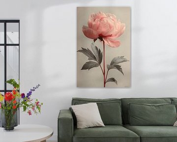 Elegante roze pioenroos op lichtgrijze achtergrond van Poster Art Shop