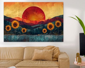 Retro zomerlandschap met zonnebloemen en zonsondergang van Felix Brönnimann