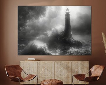 Dramatic storm at sea with historic lighthouse scene by Felix Brönnimann