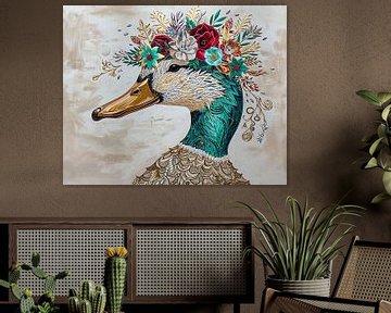 Portrait coloré d'un canard avec une couronne de fleurs sur Art Merveilleux