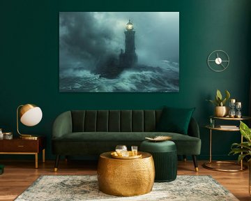 Mystical lighthouse in stormy seas at dusk by Felix Brönnimann