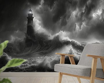 Dramatischer Küstenleuchtturm mit stürmischer See und dunklem Himmel von Poster Art Shop
