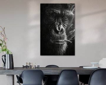 Expressive black and white portrait of a smoking monkey by Felix Brönnimann