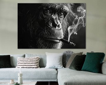 Zwart-wit portret van een aap met een sigaar van Poster Art Shop