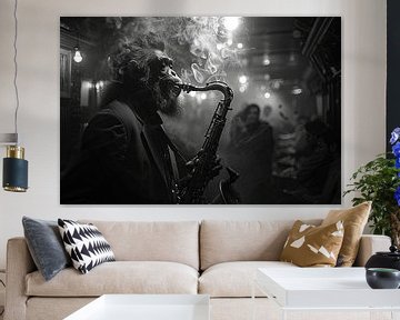 Surrealistische saxofoon spelende aap in een rokerige jazzclub van Poster Art Shop