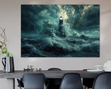 Dramatische vuurtorenscène in een storm met bliksem van Poster Art Shop