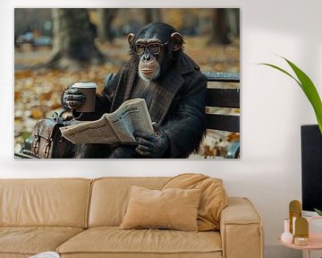 Drukke aap met koffie en krant op parkbankje van Felix Brönnimann