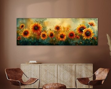 Kleurrijke zonnebloemen op aquarelachtergrondschilderij van Felix Brönnimann