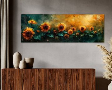 Stralende zonnebloemen op een abstracte aquarelachtergrond van Poster Art Shop