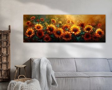 Heldere zonnebloemen op aquarel achtergrondschilderij van Poster Art Shop