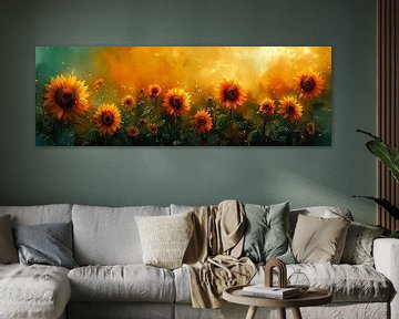 Heldere zonnebloemen op een aquarelachtergrond van Poster Art Shop