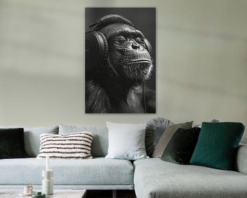 Portrait en noir et blanc d'un singe avec des écouteurs sur Felix Brönnimann