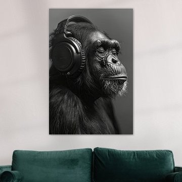 Intense look black and white portrait of a monkey with headphones by Poster Art Shop