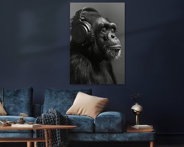 Intense regard noir et blanc portrait d'un singe avec des écouteurs sur Felix Brönnimann