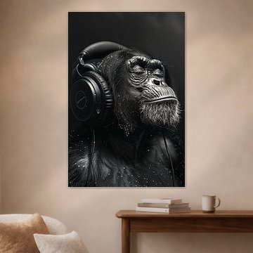 Black and white monkey portrait with headphones in close-up by Poster Art Shop