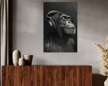 Zwart-wit apenportret met koptelefoon in close-up van Felix Brönnimann