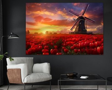 Windmolen in een rood tulpenveld bij zonsondergang, Nederland, lente