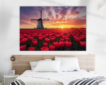 Moulin à vent dans un champ de tulipes rouges au coucher du soleil, Pays-Bas, printemps