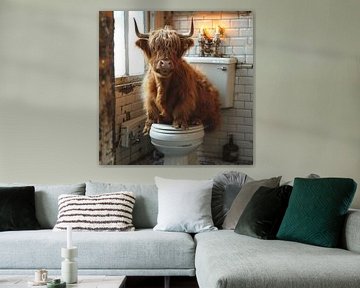 Highland cattle on the toilet: humorous bathroom decoration by Felix Brönnimann