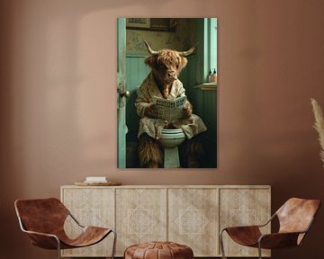 Shaggy highland cow reads newspaper on the toilet by Felix Brönnimann