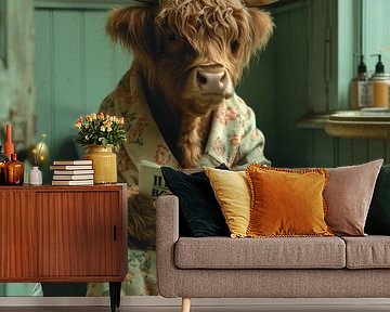 Shaggy highland cow reads newspaper on the toilet by Poster Art Shop