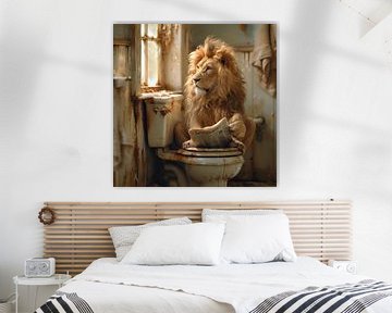 Lion reading a newspaper on the toilet - Humorous toilet poster by Felix Brönnimann