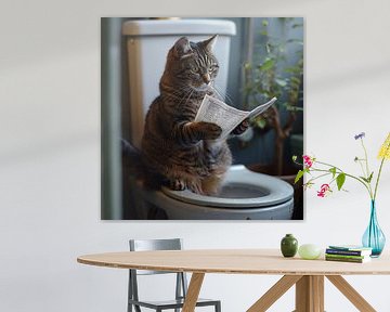 Tabby cat stands on the toilet and reads the newspaper by Felix Brönnimann