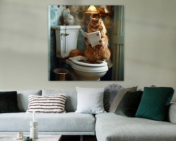 Katze liest Zeitung auf der Toilette, lustiges Badezimmer-Poster von Felix Brönnimann