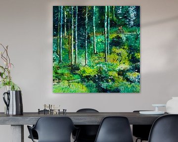 The cyclist in the forest | Painting with lots of greenery and a cyclist by Anja Namink - Paintings