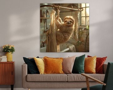Relaxed sloth hanging on the shower curtain - WC decoration by Felix Brönnimann