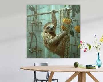 Sloth hangs on shower rail in cosy bathroom by Felix Brönnimann