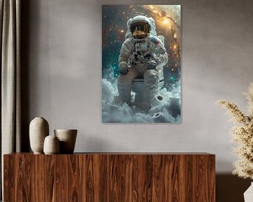 Astronaut op toilet in ruimtepak, humoristische posterafbeelding van Felix Brönnimann