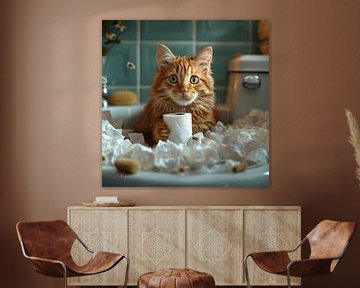 Mischievous cat in the chaos of the bathroom by Felix Brönnimann