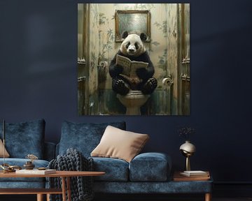 Relaxed panda reads newspaper in the bathroom by Felix Brönnimann