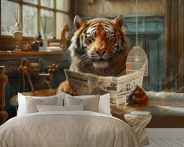 Tiger Liest Zeitung in Retro Badezimmer von Felix Brönnimann