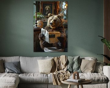 A bear as king with a newspaper in the bathroom by Felix Brönnimann