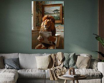 Lion reading newspaper on toilet - Humorous animal poster by Felix Brönnimann