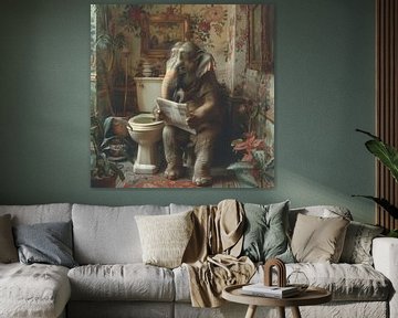 Poster humoristique de l'éléphant lisant dans la salle de bain sur Felix Brönnimann