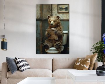 Majestic bear reads newspaper in vintage bathroom by Felix Brönnimann