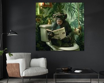 Aap leest krant in badkamer in jungle-stijl van Poster Art Shop