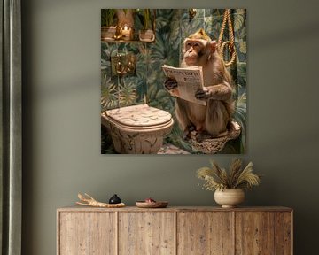Singe lisant le journal dans une salle de bain élégante sur Felix Brönnimann
