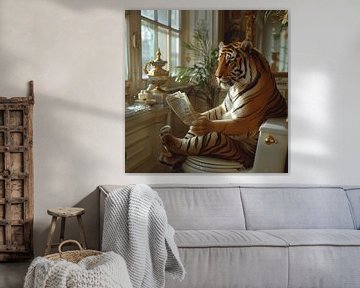 Tijger leest krant op toilet in luxe badkamer van Poster Art Shop